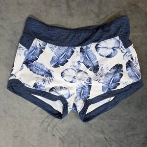 Kyodan Womens Blue Tropical Leaf Print Running Shorts Back Zip Pocket Small